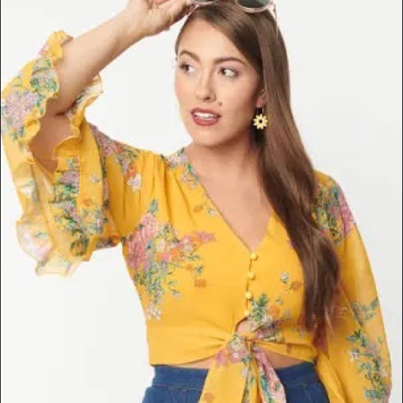 Unique Vintage Tops - Smak Parlour Mustard & Vintage Bouquet Print Belva Crop Blouse - M/6-8